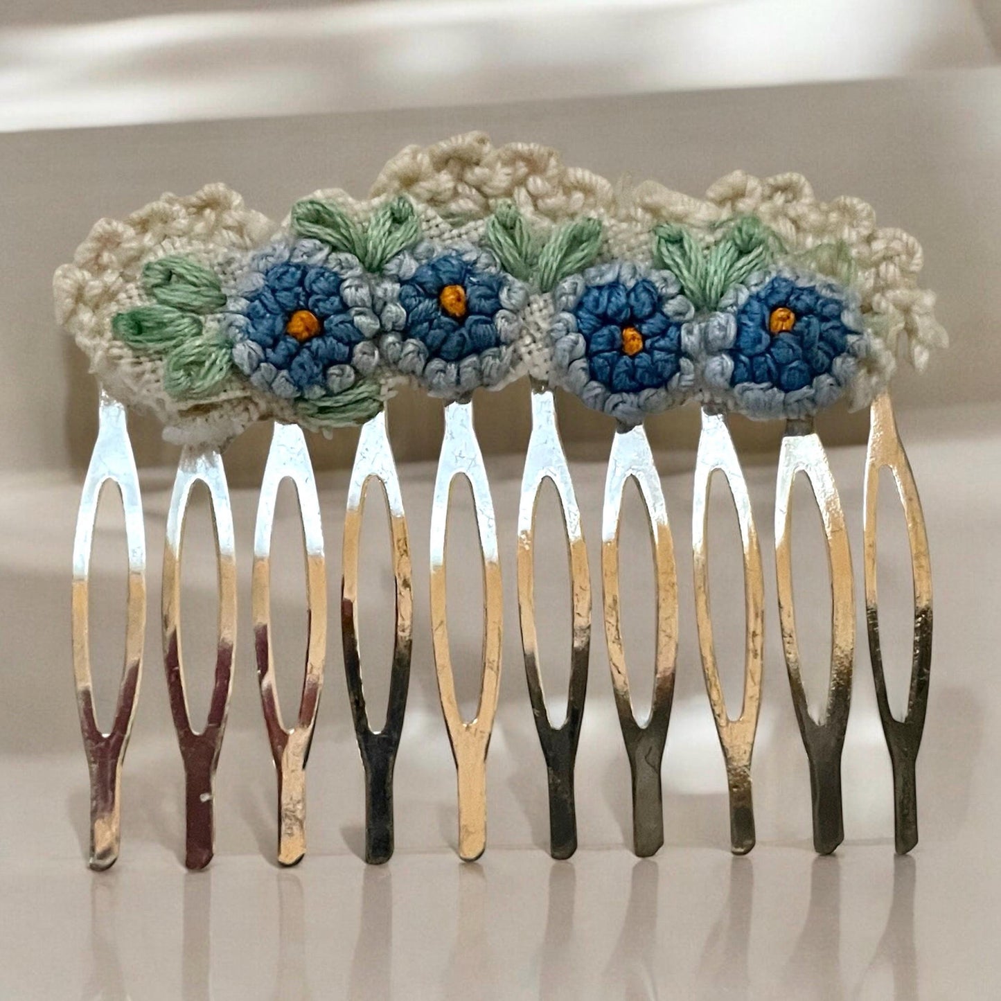 Floral hair comb handmade with embroidery and lace salvaged from vintage linens