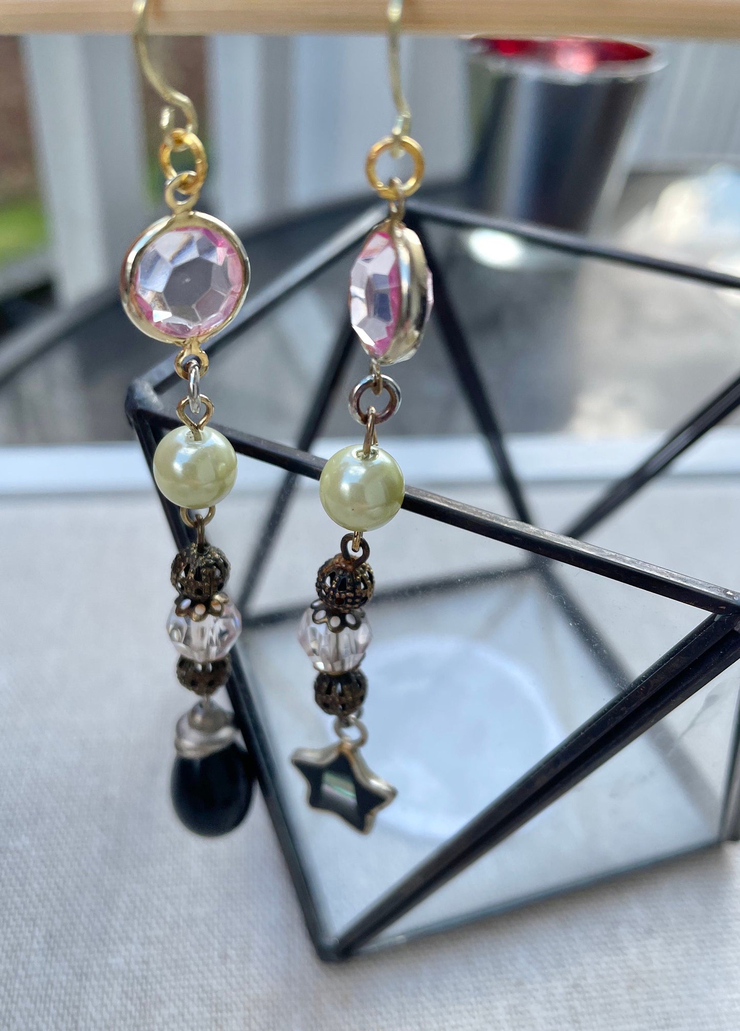 Unique long dangle earrings made with new and vintage materials - pink crystals, faux pearls, metal filigree, sterling silver abalone dangle