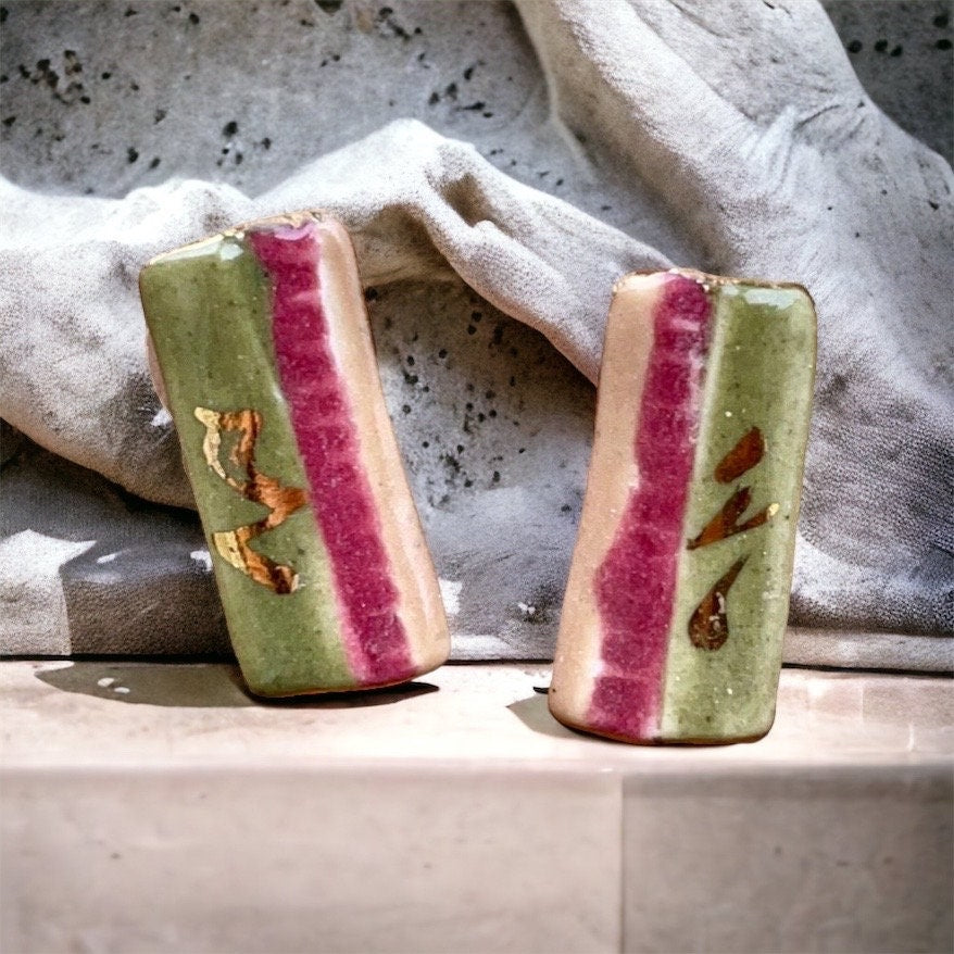 Vintage pottery ceramic earrings - red, green and gold glaze on clay
