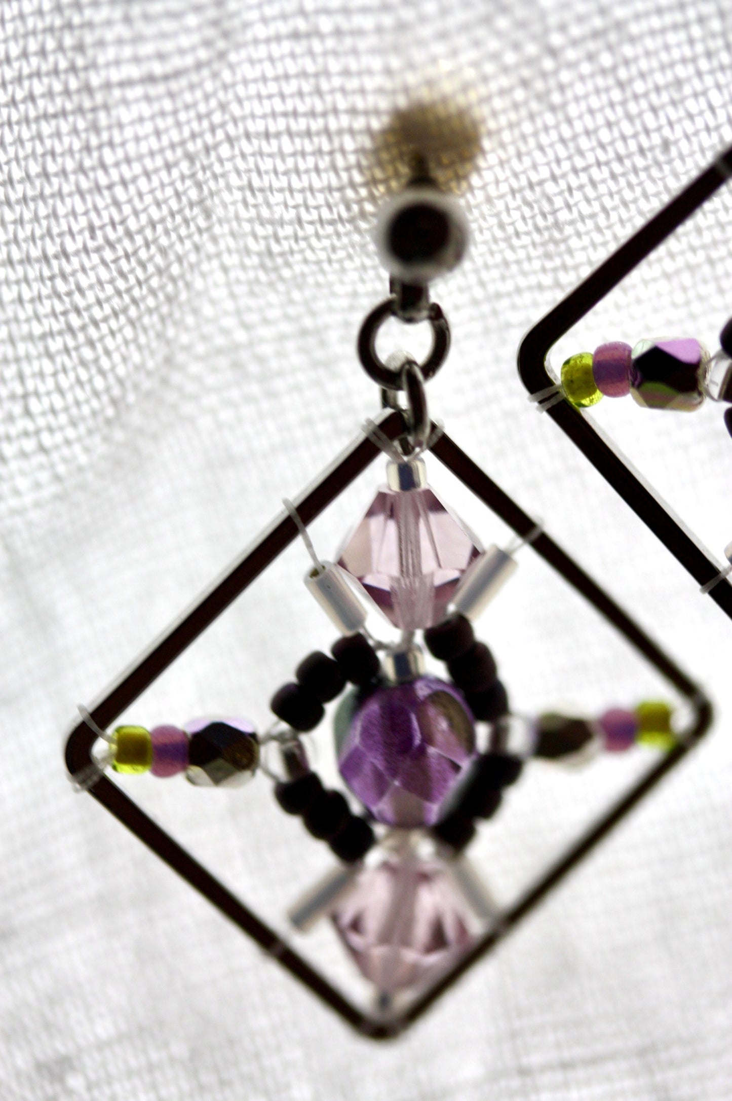 Purple, green and pink crystal and intricate beadwork small square dangle earrings