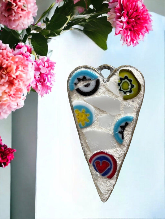 My handmade mosaic heart necklace - made from hand cut pieces of a broken vintage dish with millefiori glass