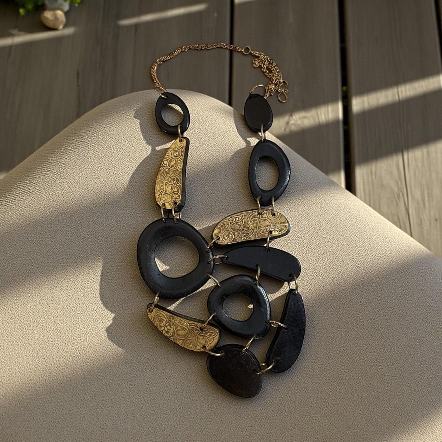 Vintage Wood Statement Necklace | Large Mixed Wood and Brass Tone Links | Boho Artisan Style Necklace | Chunky Wood Jewelry