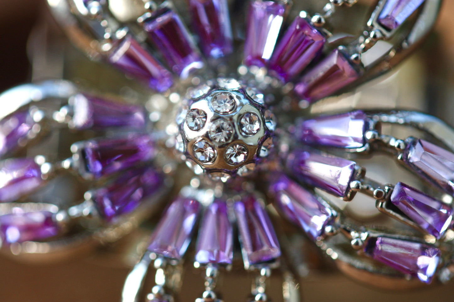 Stunning and unique vintage clear rhinestones and purple baguettes flower ring