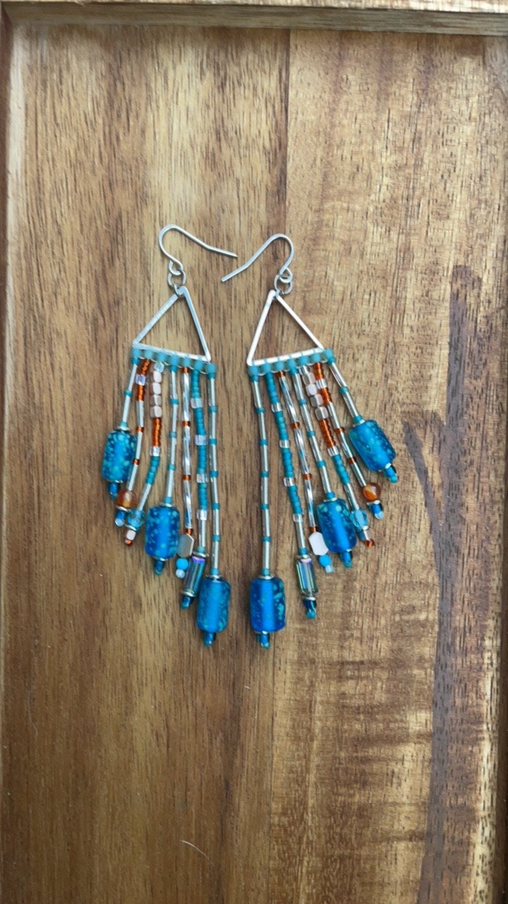 Hand beaded stunning dangle mixed material long statement beadwork earrings - art glass, crystal, metal, semi precious stone, seed beads
