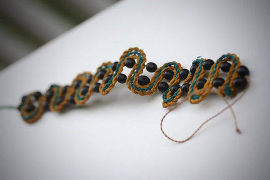 Unique MCM mixed material wood and braided string turquoise and yellow vintage bracelet