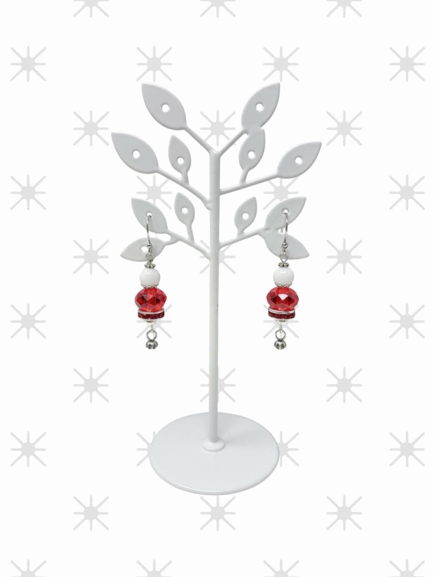 Handmade Red Crystal & White Bead Dangle Christmas Earrings – Sparkly Drop Earrings, Lightweight Beaded Jewelry