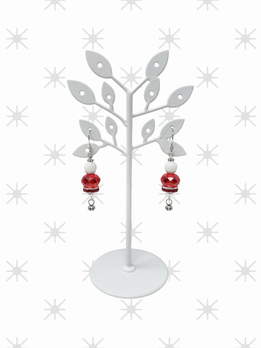 Handmade Red Crystal & White Bead Dangle Christmas Earrings – Sparkly Drop Earrings, Lightweight Beaded Jewelry