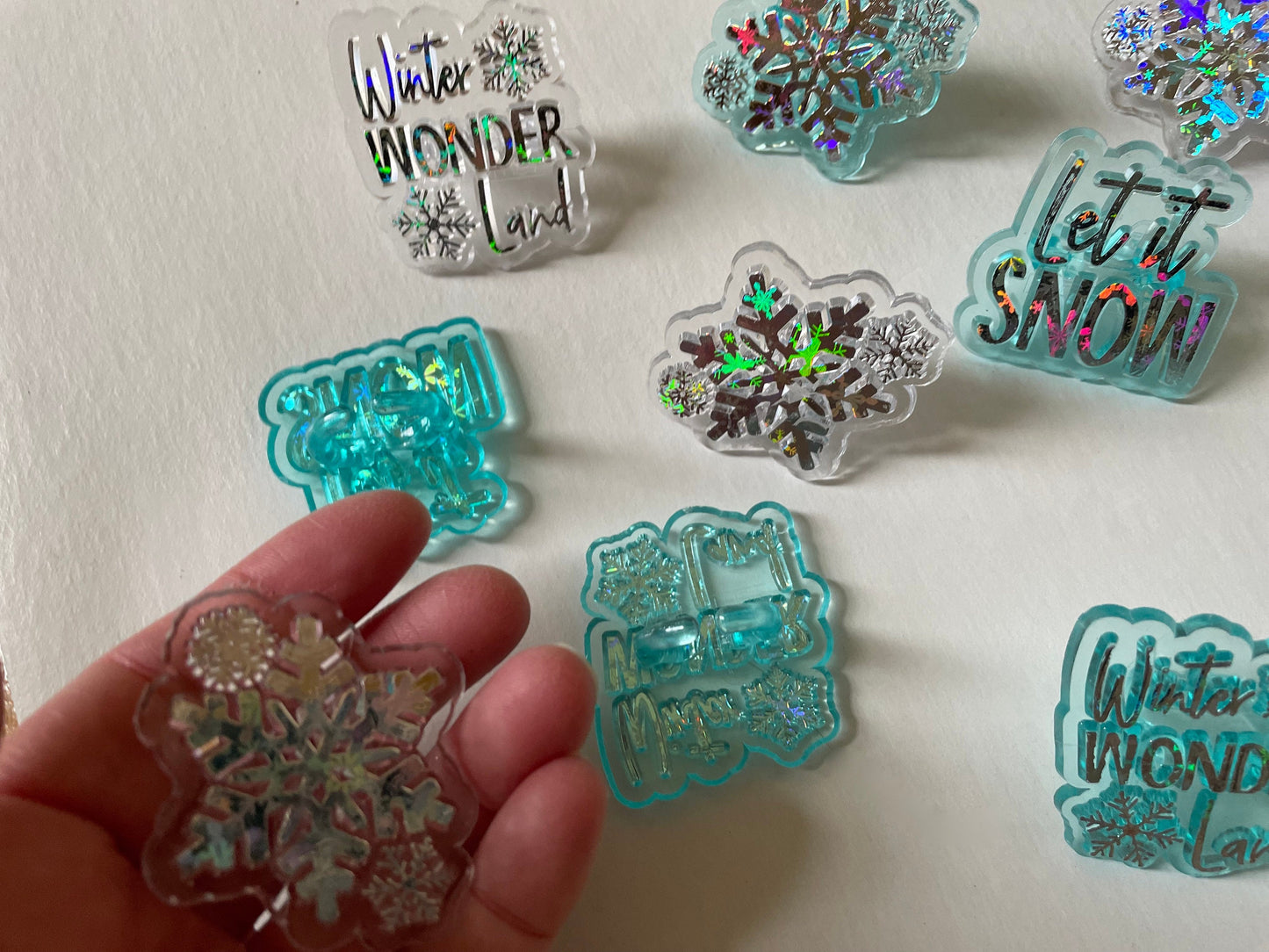 Winter themed plastic ring cake toppers - snowflakes, let it snow, winter wonderland - blue and clear iridescent
