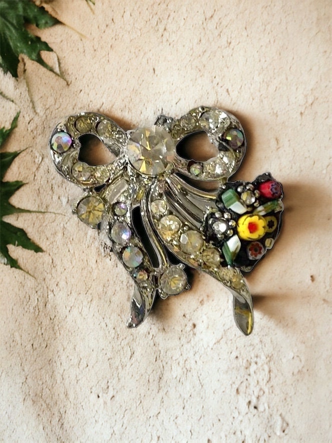 Charming upcycled vintage pin with rhinestones, handcut Italian glass and sweet millefiori flowers and leaves
