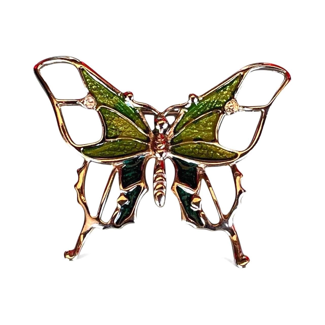 Stunning vintage Silvertone Butterfly Brooch with Shades of Green Enamel – Unsigned