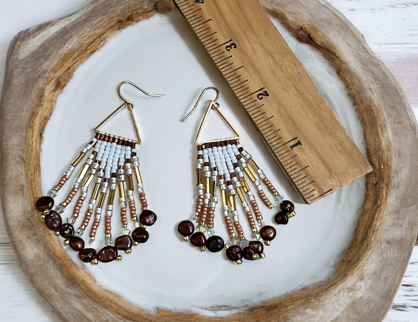 Hand beaded stunning dangle  earrings - earth toned seed beads with copper pearls
