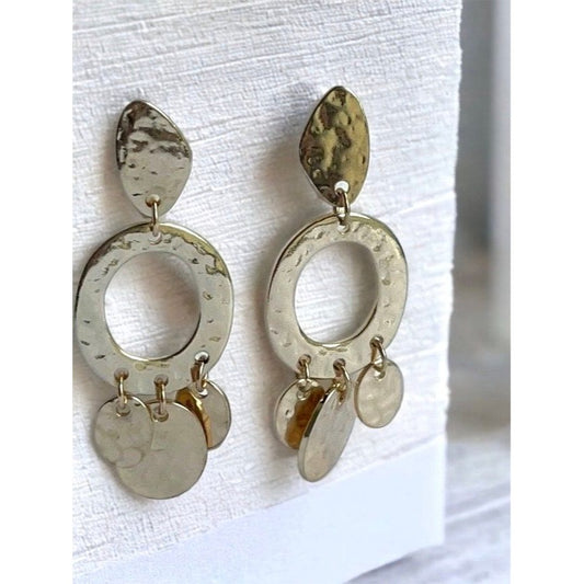 Stunning vintage hammered goldtone metal vintage hoop and dangle geometrical earrings