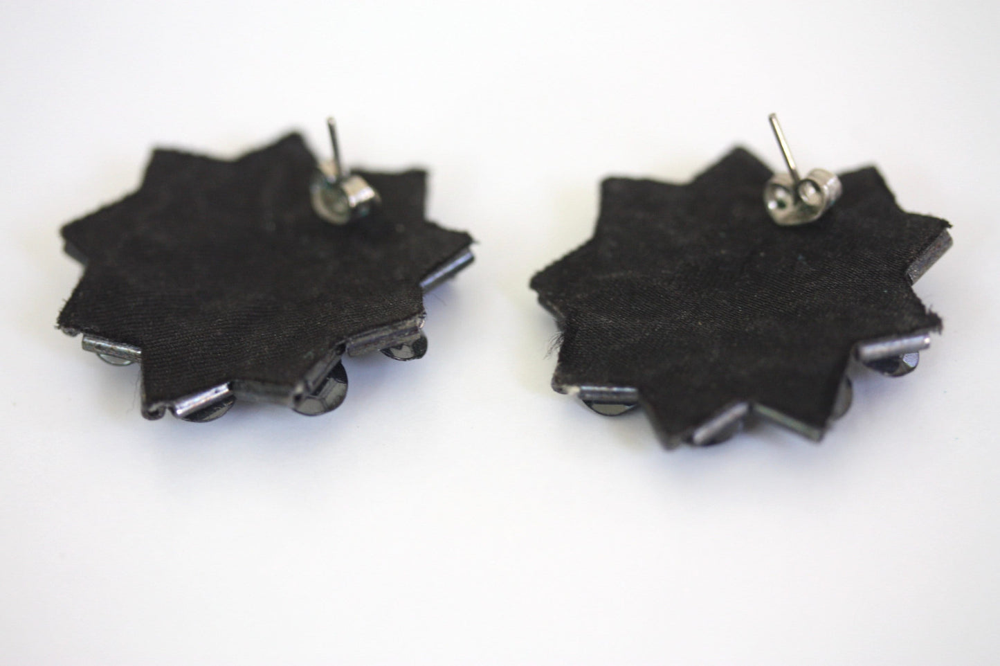 Vintage black sequin, black faux pearl and matching beadwork handmade floral fabric earrings