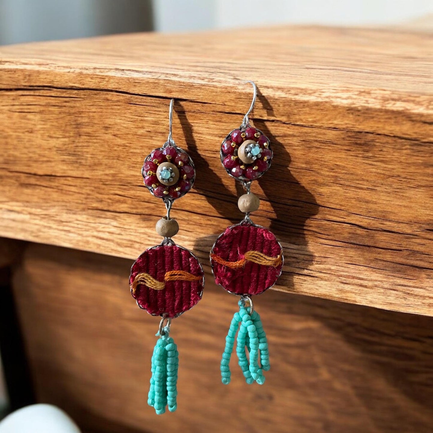 Collage earrings - "Red Sky" - fabric, wood, mixed metals, glass seed beads - sterling silver ear wires