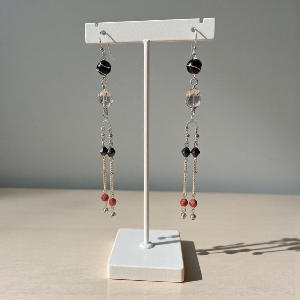 Handmade 5" Long Beaded Dangle Earrings – Black, Clear & Red Beads on Silver Tone Chains – Long Boho Statement Earrings