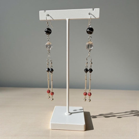 Handmade 5" Long Beaded Dangle Earrings – Black, Clear & Red Beads on Silver Tone Chains – Long Boho Statement Earrings