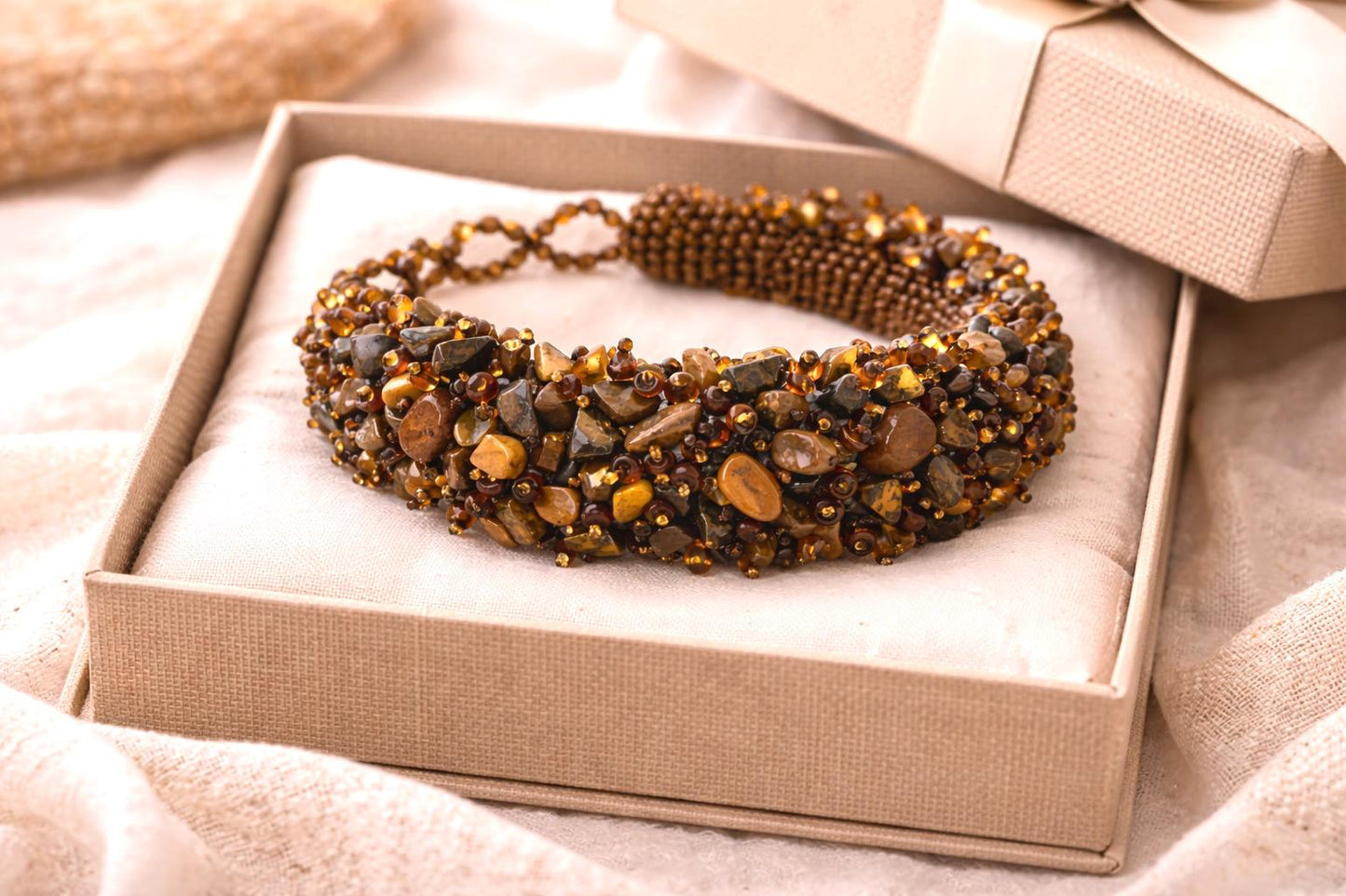 Chunky Brown Stone & Amber Colored Beaded Bracelet, Artisan Gemstone Cuff, Earth Tone Statement Jewelry, Wide Boho Beadwork Bracelet