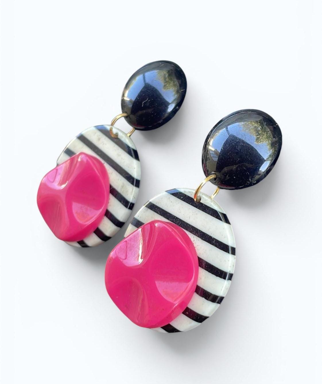 Vintage 1980s Black White Pink Statement Earrings | Bold Geometric Dangle Earrings | Memphis Style Retro Jewelry | Pierced Earrings