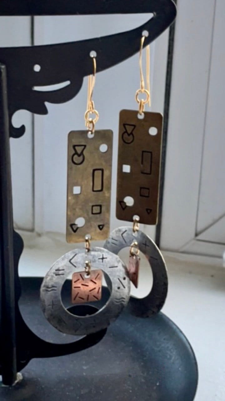 Stunning mixed metal geometric designed dangle earrings - signed NP