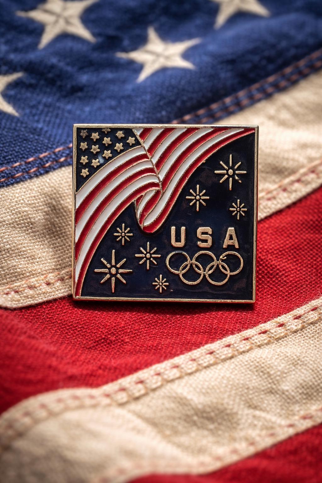 A pin with the word "USA" and the Olympic rings is placed on top of an American flag.