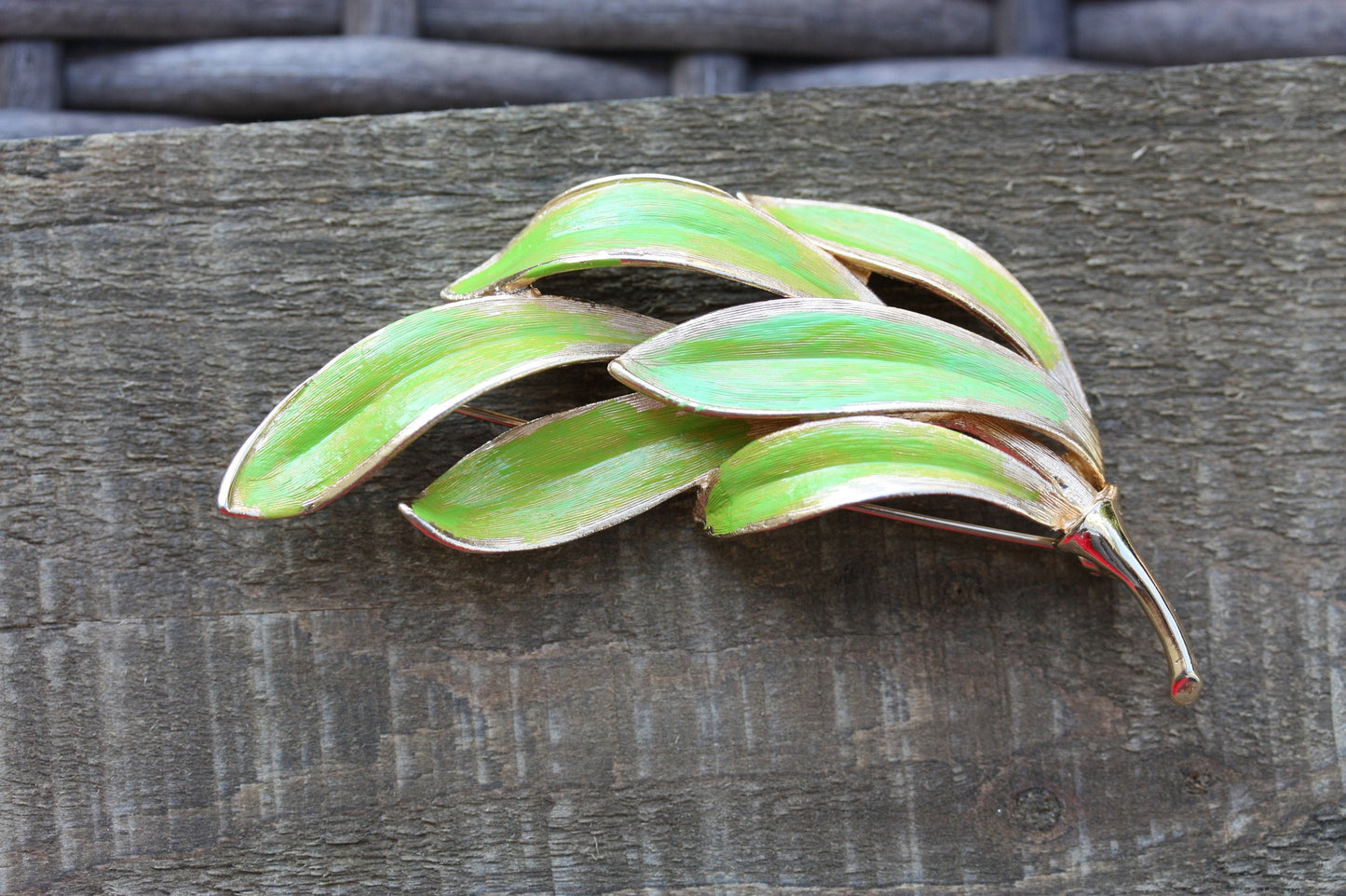 Revised, Modernized, Upcycled Vintage hand painted green leaves pin