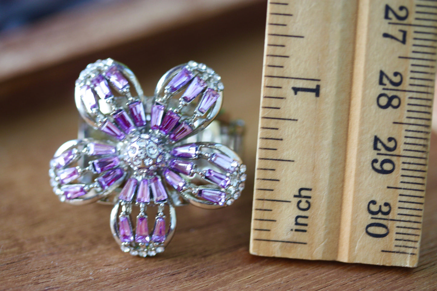 Stunning and unique vintage clear rhinestones and purple baguettes flower ring