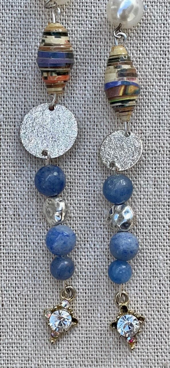 Unique long dangle earrings made with new and vintage mixed materials - metal, faux pearls, blue stones, rolled paper, vintage dangles