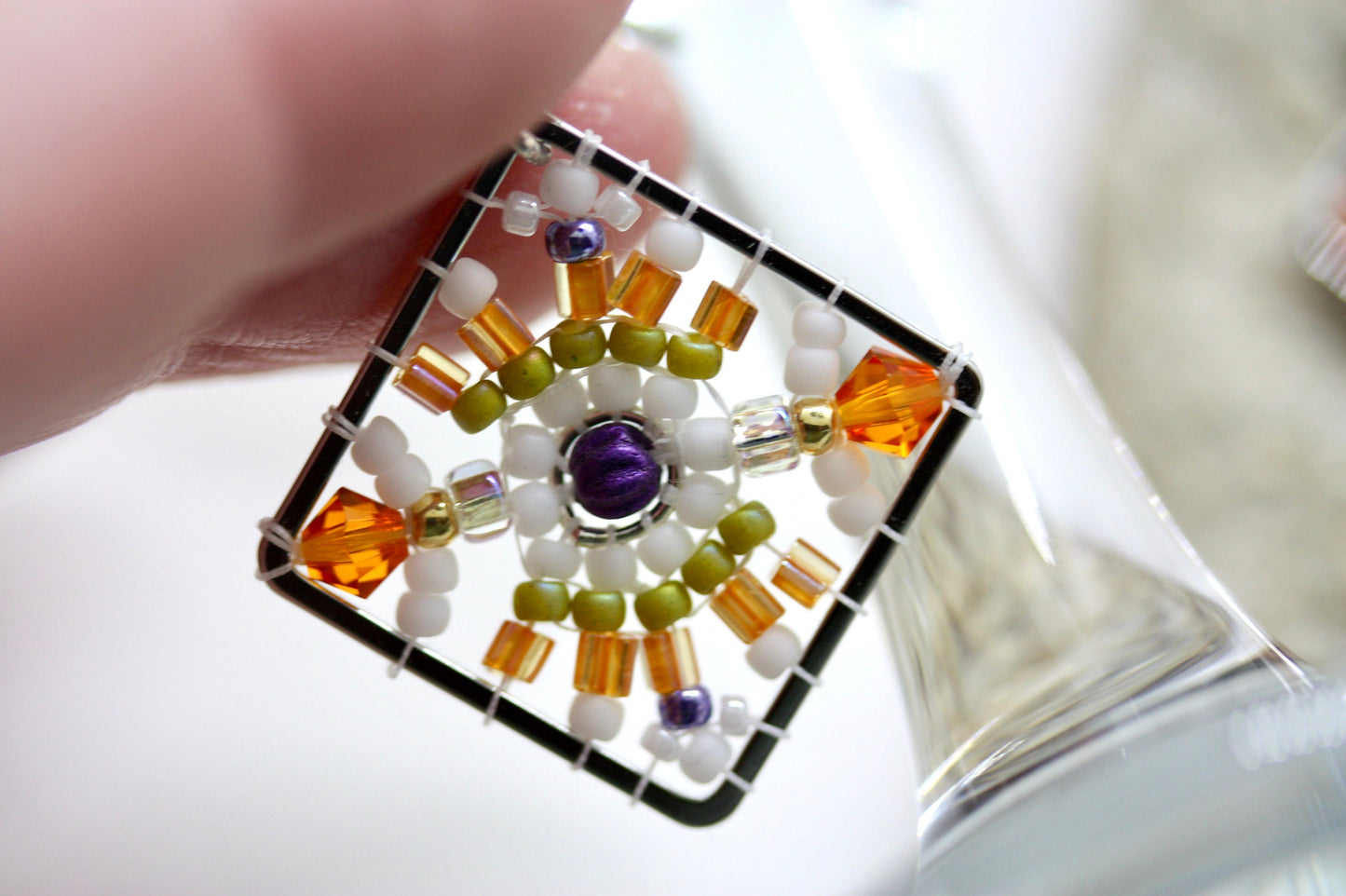 Orange, green, purple and white crystal and intricate beadwork small square dangle earrings