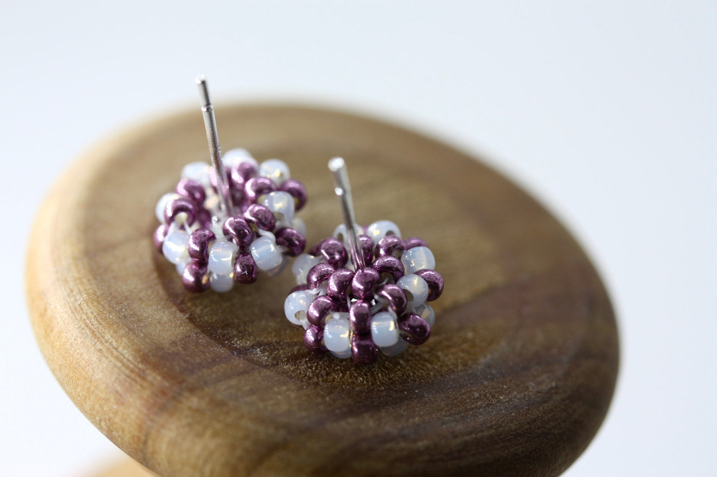 Hand beaded sterling silver stud earrings - purple with drops of gold lined white glass - studs, beadwork studs, beaded studs