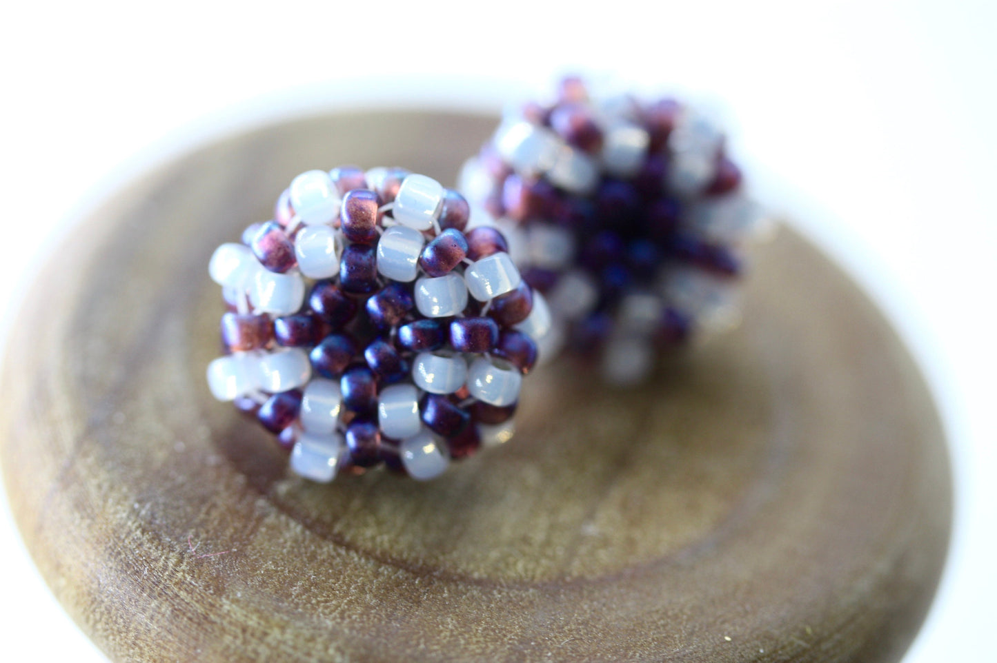 Hand beaded stud earrings - purple with drops of white glass - studs, beadwork studs, beaded studs