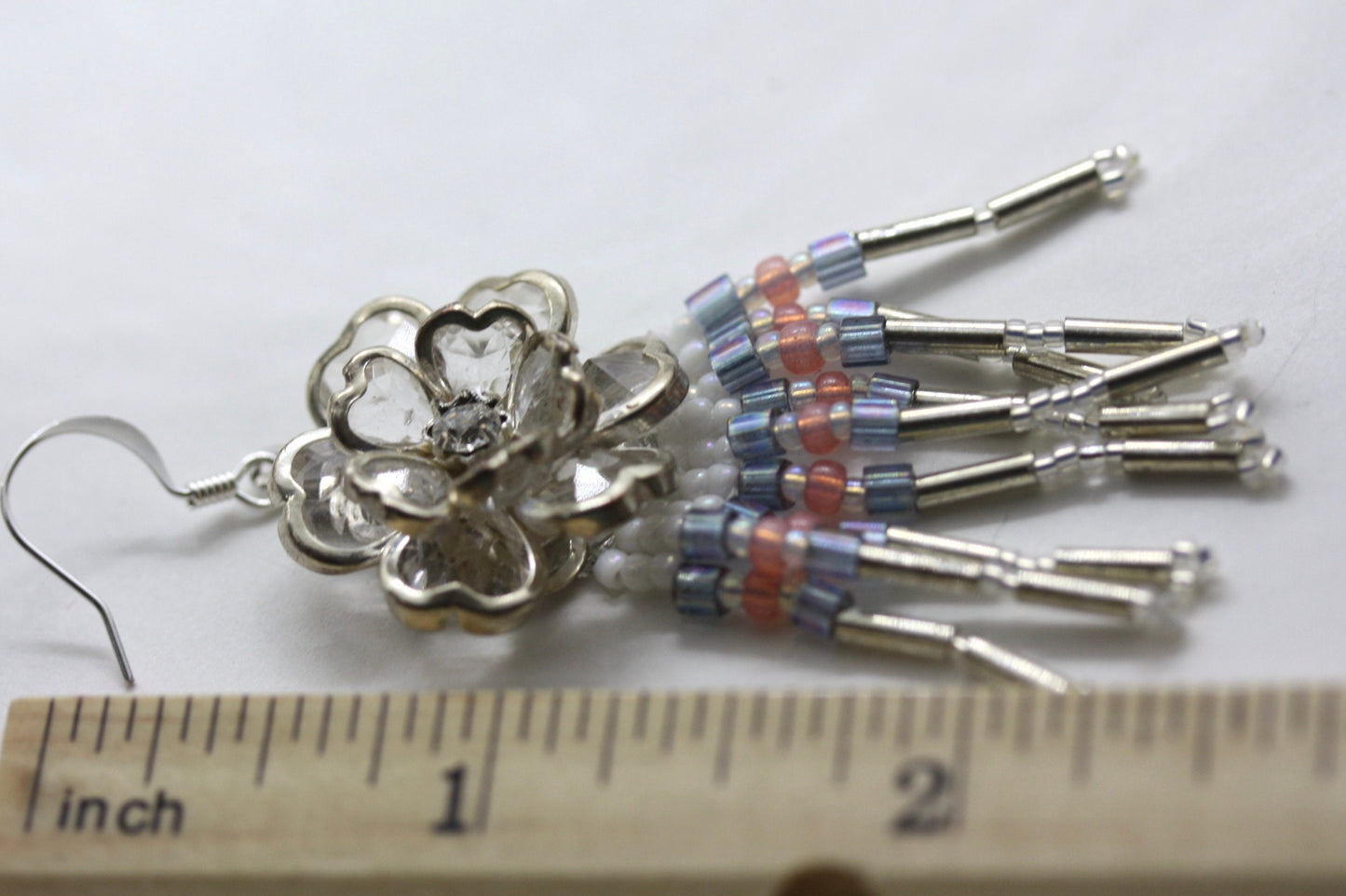 Hand beaded Native-American-Style stunning dangle beadwork earrings - with crystal flowers