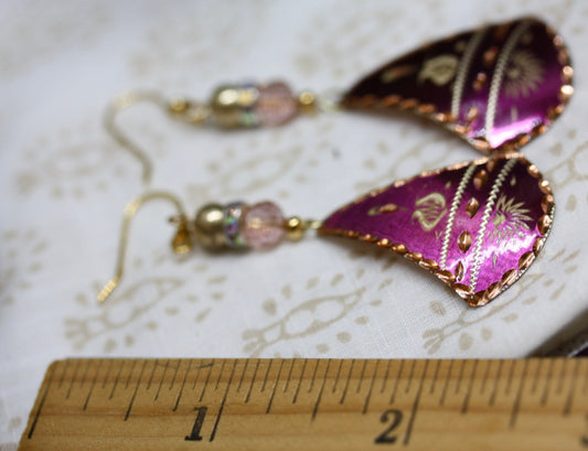 Upcycled pink etched copper dangles with new crystals and beadwork