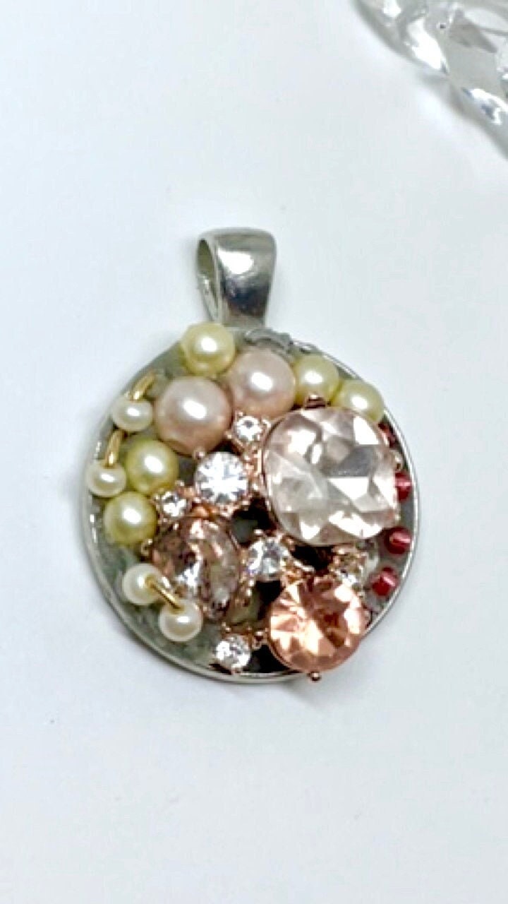 Inlaid faux pearls and rhinestones handmade mosaic necklace pendant - angel  - mixed materials