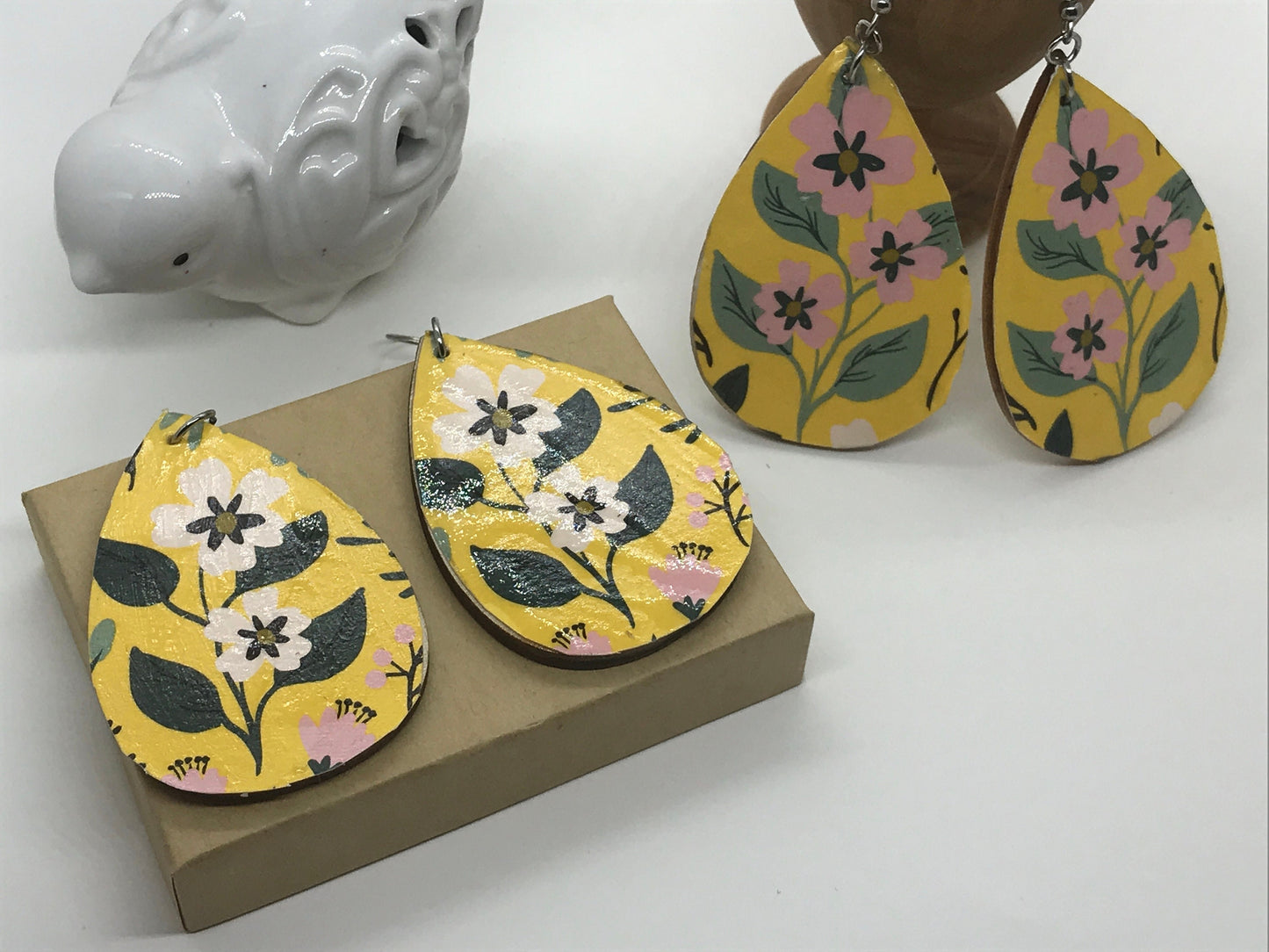 Unique handmade earrings -  mixed materials - specialty paper, sealant and wood