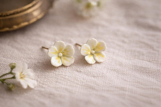 Vintage Porcelain Flower Stud Earrings, Hand Painted Floral Earrings, Cottagecore Botanical Jewelry, Tiny White Yellow Flower Studs