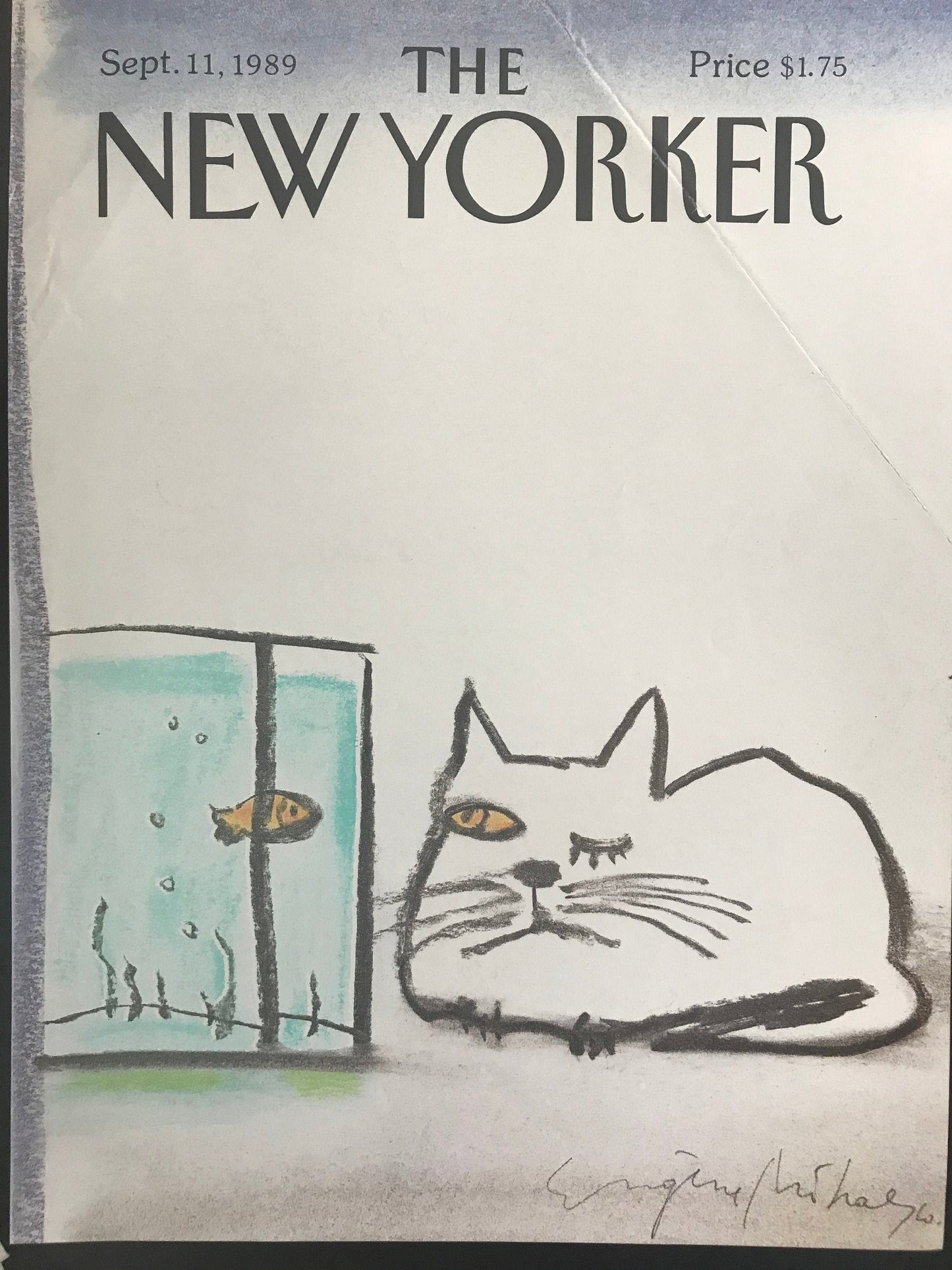 Vintage NEW YORKER Magazine original cover - September 11, 1989 - cat with one eye open