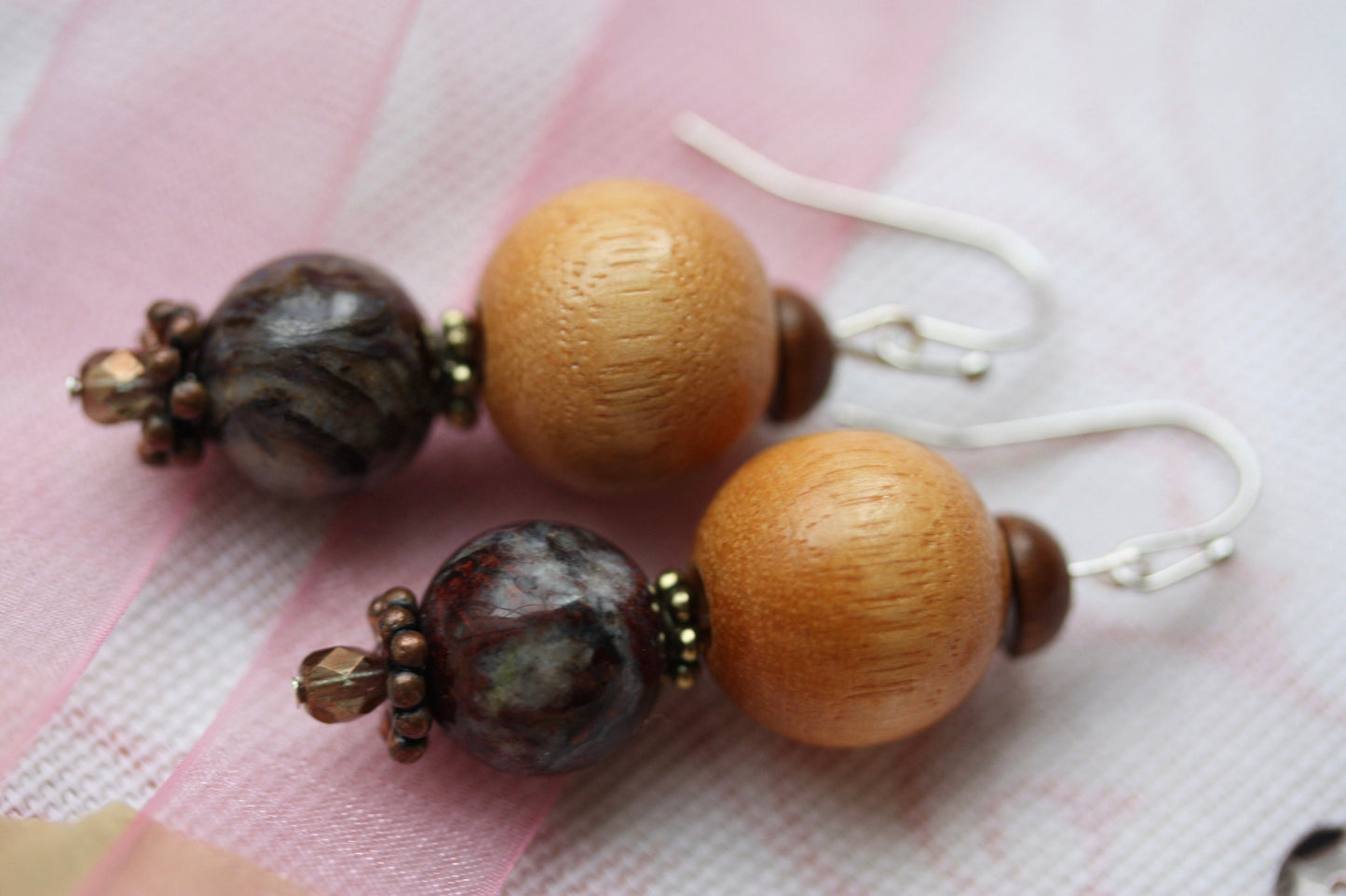 Marble and wood beaded handmade dangle earrings with vintage, upcycled and new elements