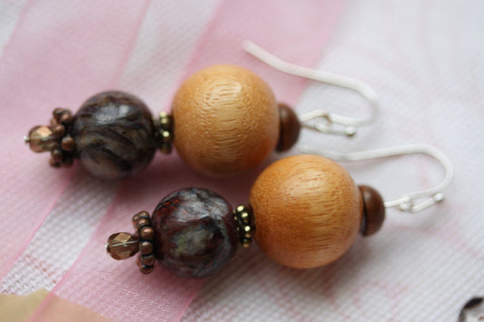 Marble and wood beaded handmade dangle earrings with vintage, upcycled and new elements