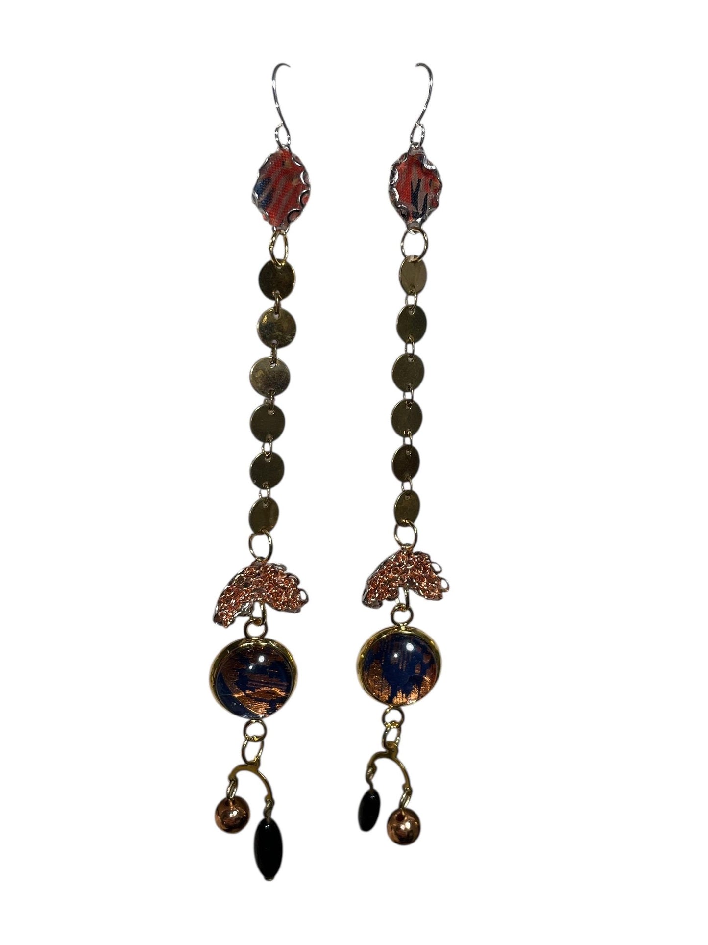 Handmade Long Boho Dangle Earrings – Mixed Metal & Fabric Statement Earrings, Artistic Drop Jewelry with Beads, Modern Design - "Red Sky"