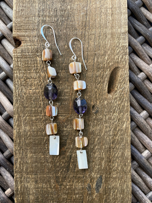Mother of pearl shell nuggets and purple vintage amethyst colored faceted glass long dangle earrings