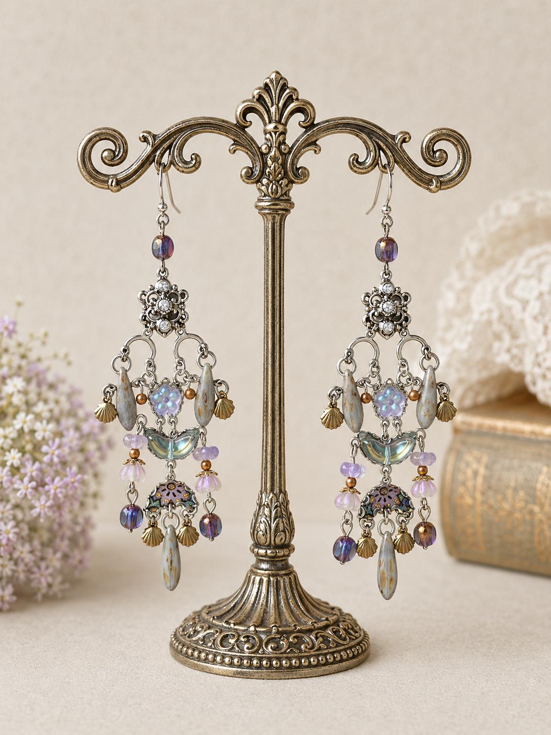 ONE OF A KIND Wearable Art Chandelier Earrings | Czech Glass, Vintage Rhinestones, Silk & Mixed Metal Statement Earrings