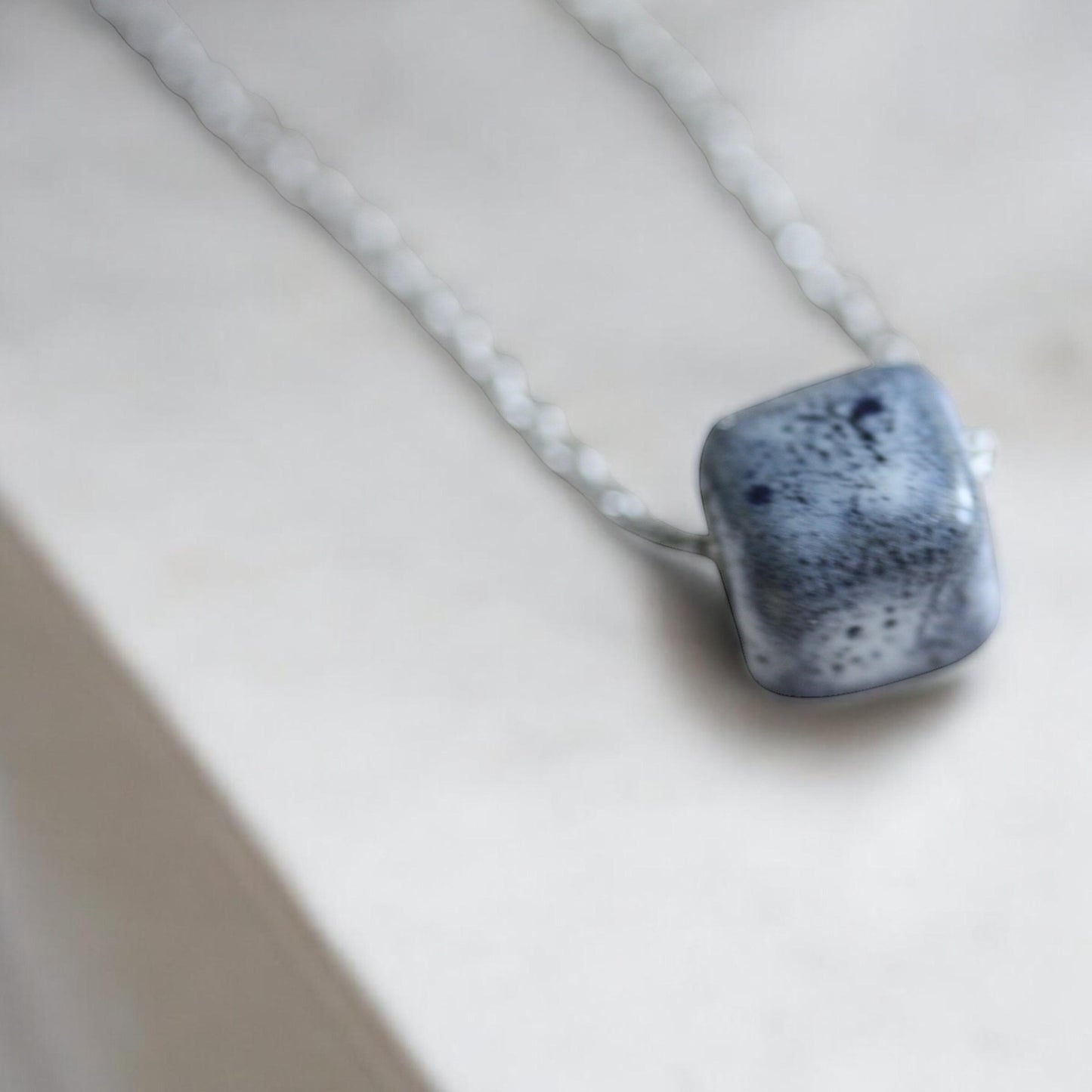 Speckled blue clay pottery cube minimalist necklace on silver tone chain