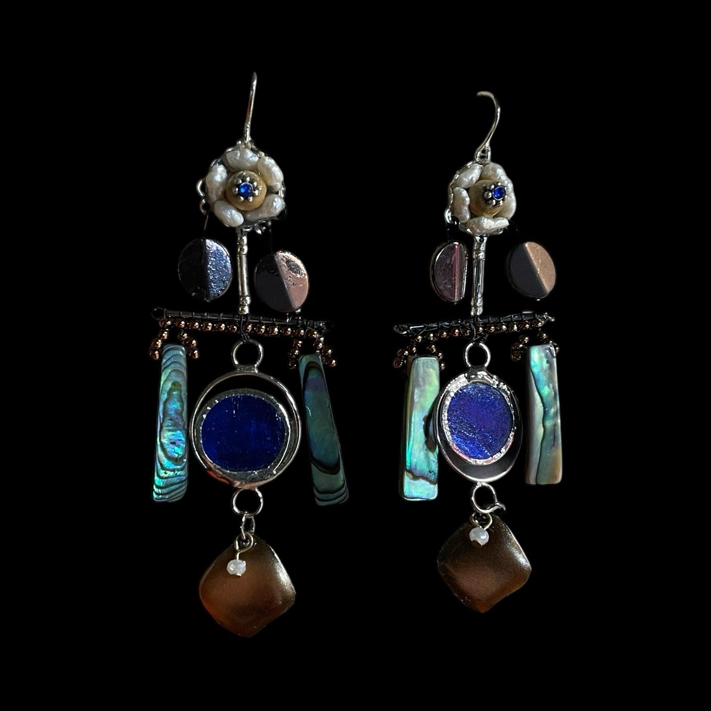 Abalone mixed media collage earrings with mixed metals and findings, pearls, wood, beadwork and abalone shells; Sterling silver ear wires