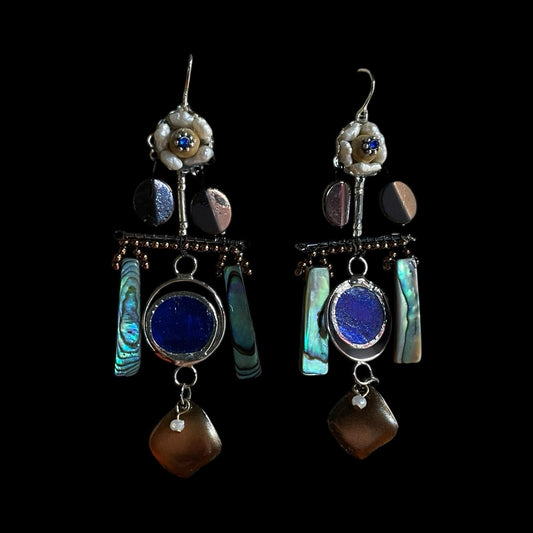 Abalone mixed media collage earrings with mixed metals and findings, pearls, wood, beadwork and abalone shells; Sterling silver ear wires