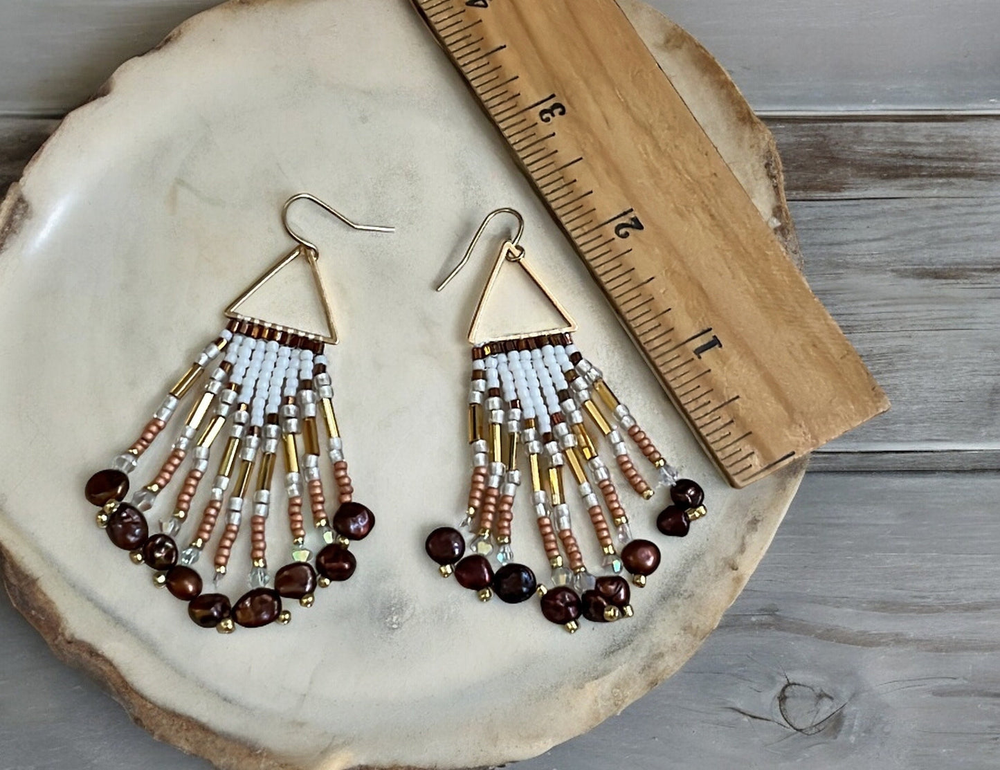 Hand beaded stunning dangle  earrings - earth toned seed beads with copper pearls