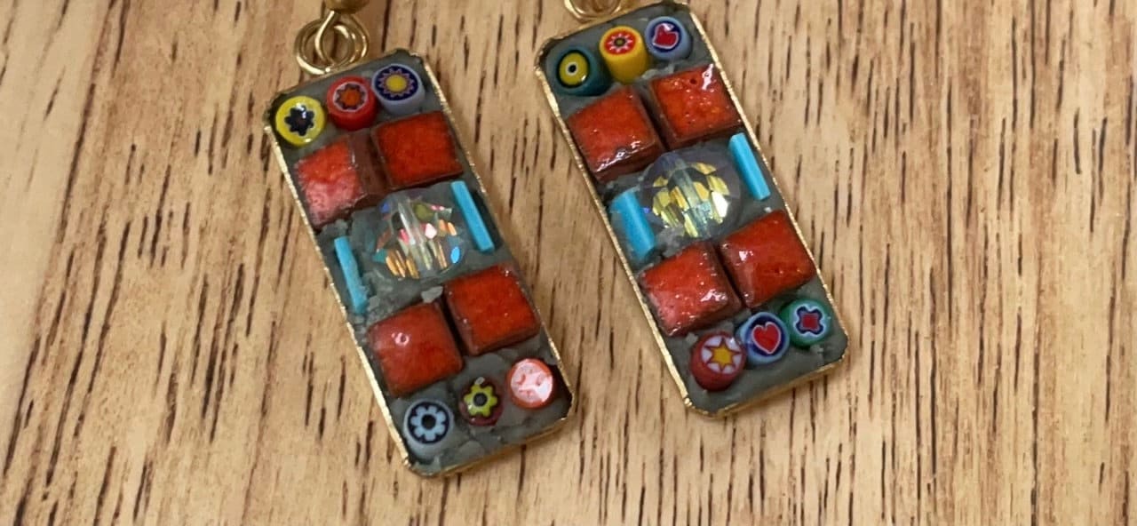 Small handmade micro mosaic glass and tile earrings with vintage crystal center and hand cut blue glass details