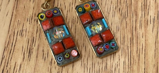 Small handmade micro mosaic glass and tile earrings with vintage crystal center and hand cut blue glass details