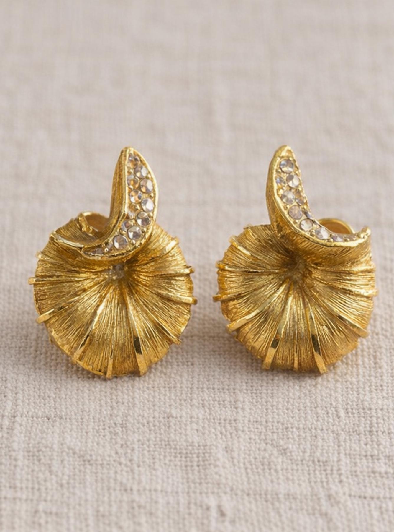 Vintage Gold Tone Clip Earrings Mid Century Fan Shell Design Rhinestone Accent Statement Earrings 1950s 1960s Retro Jewelry