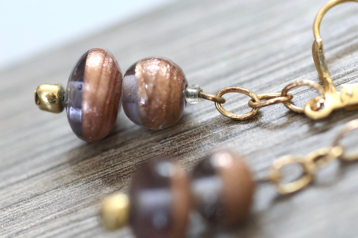 Deep purple and gently sparkled copper art glass vintage dangle earrings