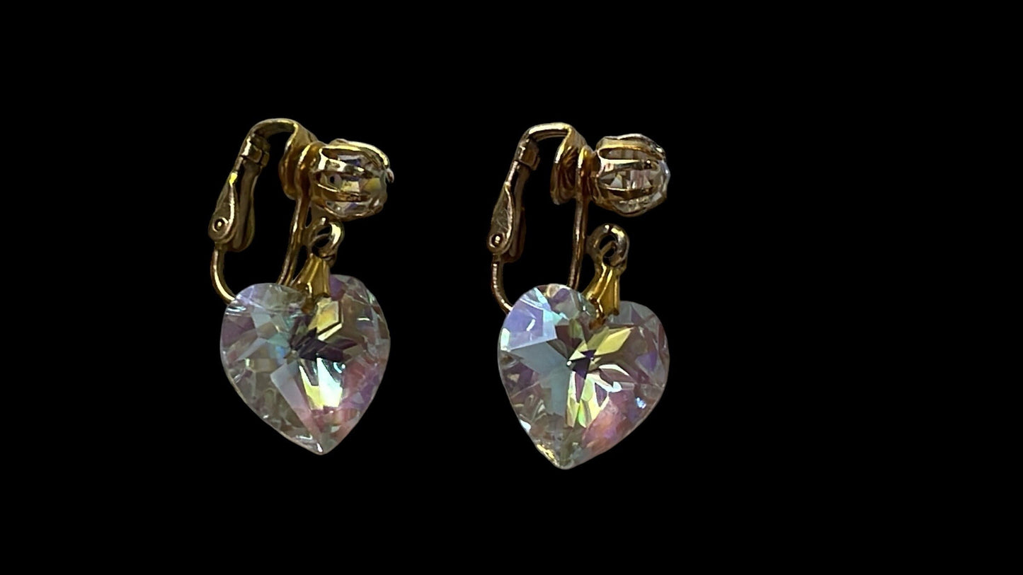 Vintage crystal heart clip on dangle earrings
